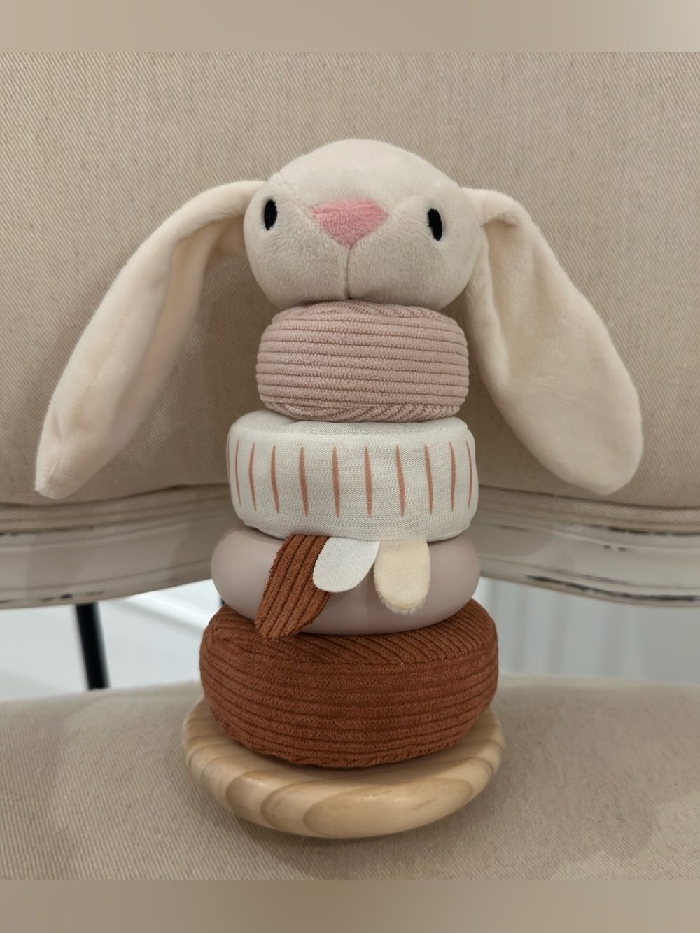 NWT Beige Bunny Wooden & Plush Stacking Baby Toy by Birch & Bloom